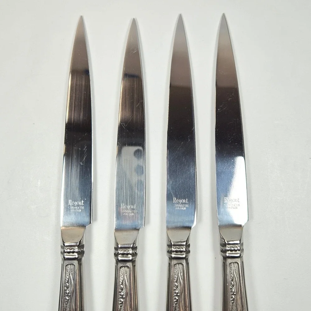 4 Vintage Regent Sheffield‎ Stainless Steak Knives Ornate Embossed Handle Japan